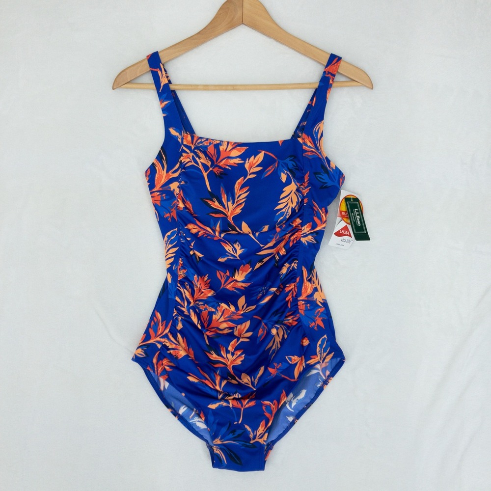 LL BeanSport One Piece Swimsuit Womens 8 Blue Tropical Square Neck Tanksuit New